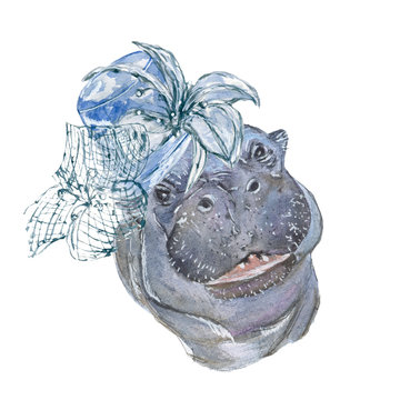 Hippo. Animal Hipster. Watercolor.