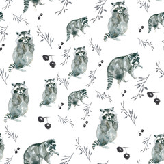 pattern raccoons. Raccoons and small branches, berries. Watercolor - 111469365