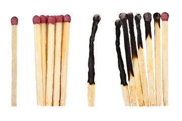 new and half-burnt matches on a white isolated background