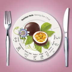 Vector of Nutrition facts in passion fruit on white plate