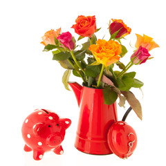 Bouquet roses and piggy bank