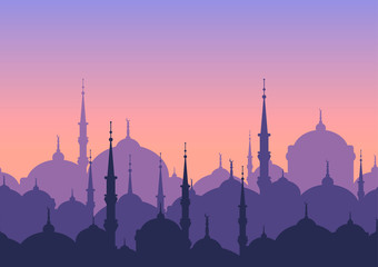 Seamless Islamic horizontal pattern. Mosque silhouettes panoramic background. Vector cityscape illustration. - 111473395
