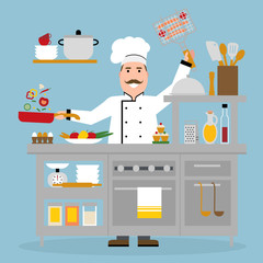 Male chef cooking on blue background. Restaurant worker frying vegetables and holding bbq. Chef uniform and hat. Table and cafe equipment.