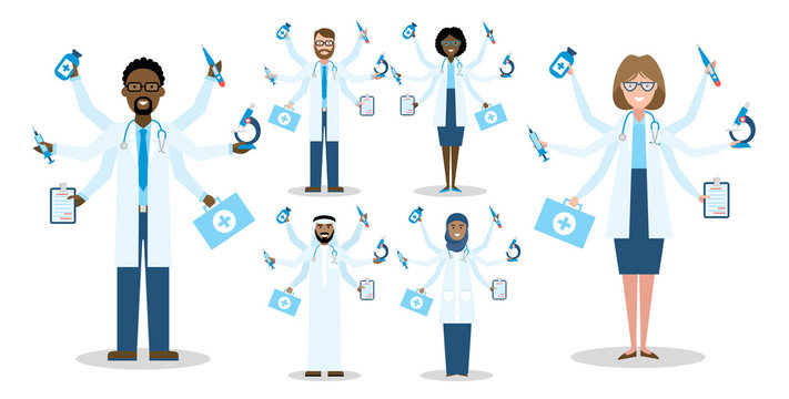Multitaskig multicultural doctors on white background. Set of caucasian, african american and arabian doctors. Men and women. Medical treatment, fast diagnosis and emergency. 