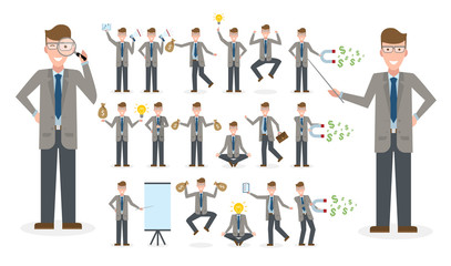 Caucasian businessman set. Isolated set of businessman on white background. Clipboard, pointer, money bag, speaker, magnet. Active and professiaonal businessman. Multitasking.