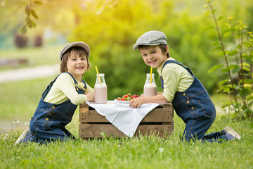 Two beautiful children, boy brothers, eating strawberries and co