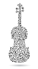 Isolated violin made of notes on white background. Black notes pattern. Black and white design. Note shape. Poster and decoration idea. © inspiring.team