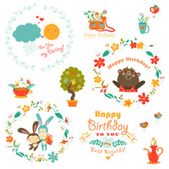 Birthday elements with cute animals and wreath