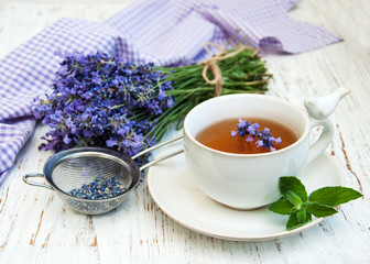Cup of tea and lavender flowers