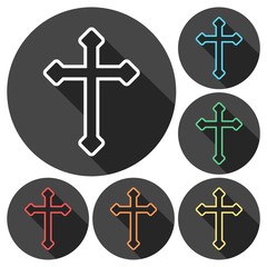 Decorative Christian cross icons set with long shadow 