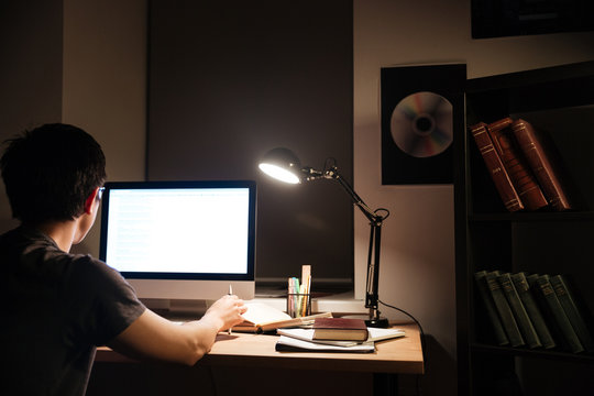Back view of man working with blank screen computer