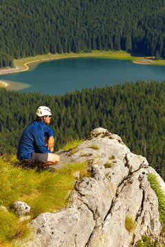 Watching Tourist with Lake of Crno Jezero on Background, Durmitor, Montenegro