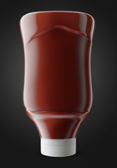 Sauce, ketchup, mustard or any liquid food product container on black background. 3D illustration.