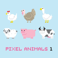 Pixel art style farm animals cartoon vector set 1