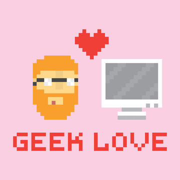 Pixel Art Style Geek In Love With Computer Vector Illustration