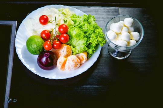 ingredients for the salad, vegetables, fruit, tasty