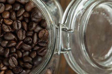 Coffee beans on wood background