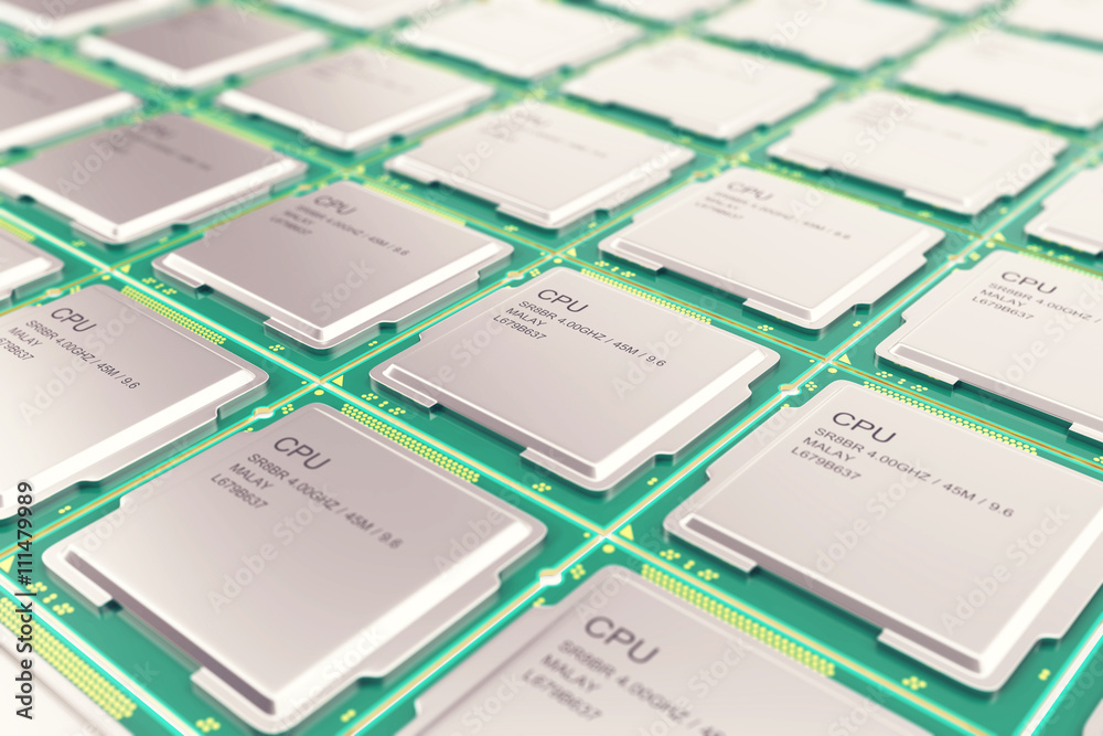 Poster computer pc cpu chip electronics industry concept, close-up viewmodern processors with depth of fiel