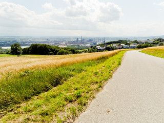Straße zwischen zwei Feldern mit Blick auf Linz