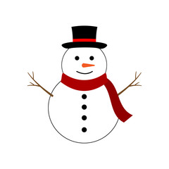 Snowman in a hat with hands made of branches.