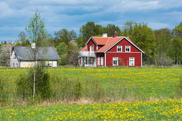 Fototapeta na wymiar Typisch rotes Holzhaus im ländlichen Schweden. Aufgenommen in Småland im Frühjahr.