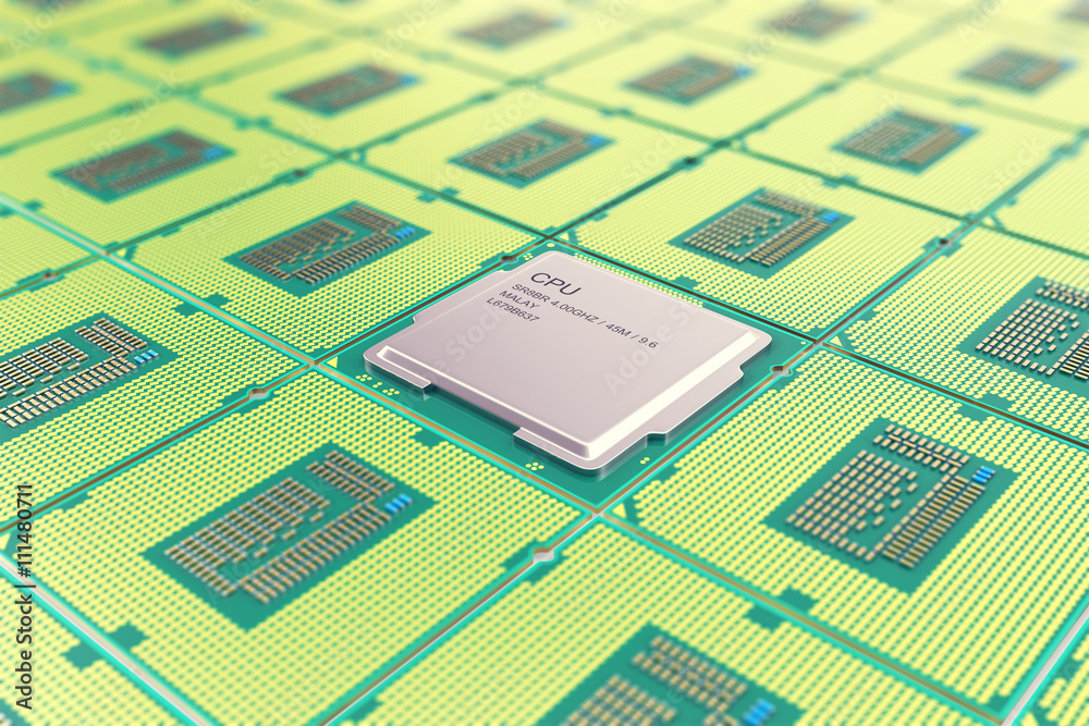 Poster modern central computer processors cpu, industry concept close-up view with depth of field effect.