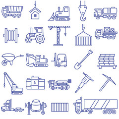 Set of construction machinery in a line design. Set of building tools.