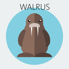 Abstract illustration with a brown walrus in a round blue frame, over an white background. Digital vector image.
