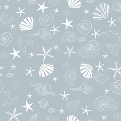 Seashells and starfish seamless pattern vector, yellow background