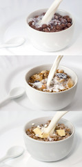 Porridge from cereals, flakes, muesli with nuts, berries and dried fruits with milk - choice of morning healthy Breakfast. Products in a porcelain dish on a white background