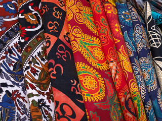 Collection of colorful fabrics in a market Kathmandu Nepal