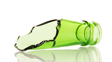 The neck of  broken glass bottle isolated on white background.