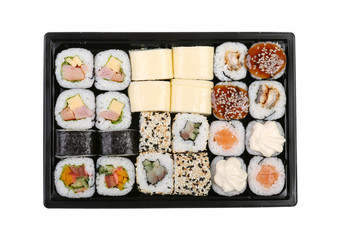 Sushi set of different rolls on a white background isolated