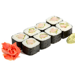Sushi with smoked chicken and lettuce isolated on white