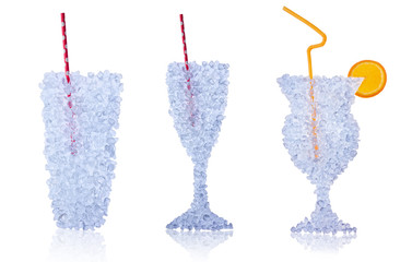 Drinks made of ice drift on white background