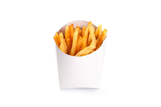 French fries in the box isolated on white background