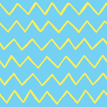 Abstract hand drawn zig zag lines seamless vector pattern blue and yellow