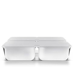 White plastic blank bank for food, oil, mayonnaise, margarine, cheese, ice cream, olives, pickles, sour cream with eco paper cover. Food and drink plastic blank. Template Ready For Your Design.