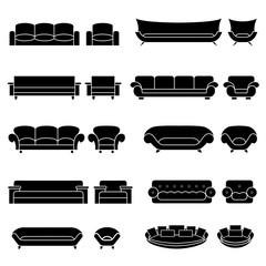 Icons set of furniture. Icons set for living room vector illustration. A set of sofas and armchairs on the isolated background.