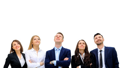portrait of many men and women smiling and looking upwards