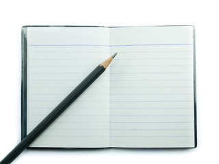 notebook and pencil on white background