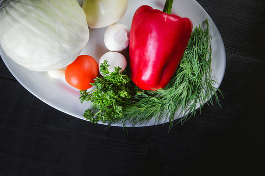 vegetables, ingredients for cooking on the kitchen table