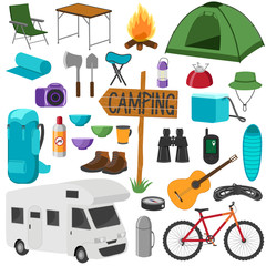 Set of camping equipment symbols. Hike collection. Icons set isolated on white background.