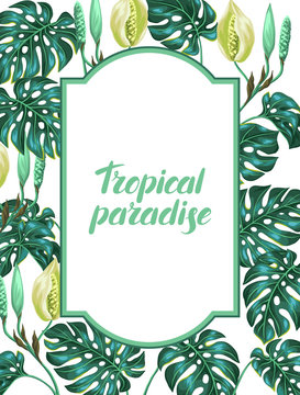 Frame with monstera leaves. Decorative image of tropical foliage and flower. Design for advertising booklets, banners, flayers, cards