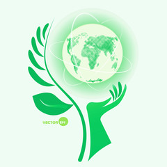 Environment protection day, help for nature. Globe on hand with twig world, protects World. Planet Earth, Globe in green protective color. Technologies and communications on the planet, world peace