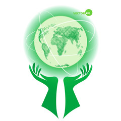 Globe, planet Earth. Earth Day, protect the environment day. World in our hands, help for nature. Environmental protection. Globe on hands with ways, vector illustration concept design