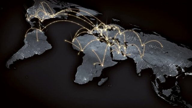 Growing global network across the world map. Internet and business concept. Orange version. 4K
