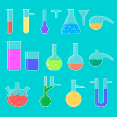 Set of chemical utensils in a flat style. Colorful flasks and test tubes.