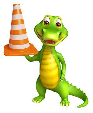 cute Aligator cartoon character with construction cone