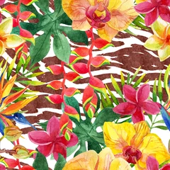 Tuinposter Tropical watercolor flowers and leaves on animal print © Tanya Syrytsyna